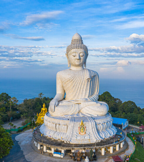 The iconic Big Buddha statue in Phuket, Thailand, standing 45 meters tall atop Nakkerd Hill, overlooking the island with breathtaking panoramic views.